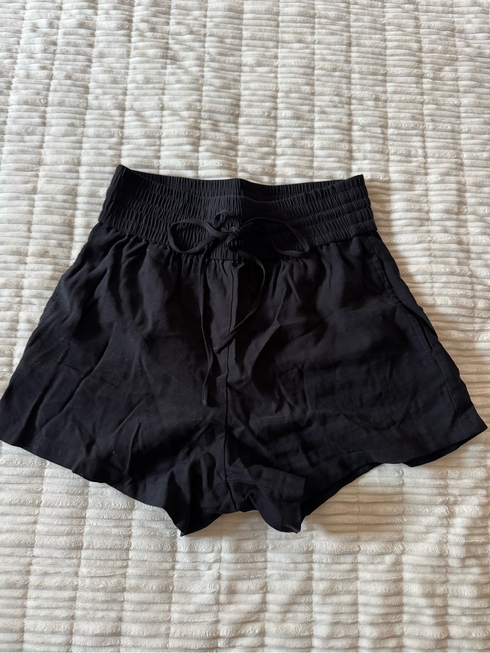 Women's Black Smocked-Waist Athletic Shorts with Drawstring